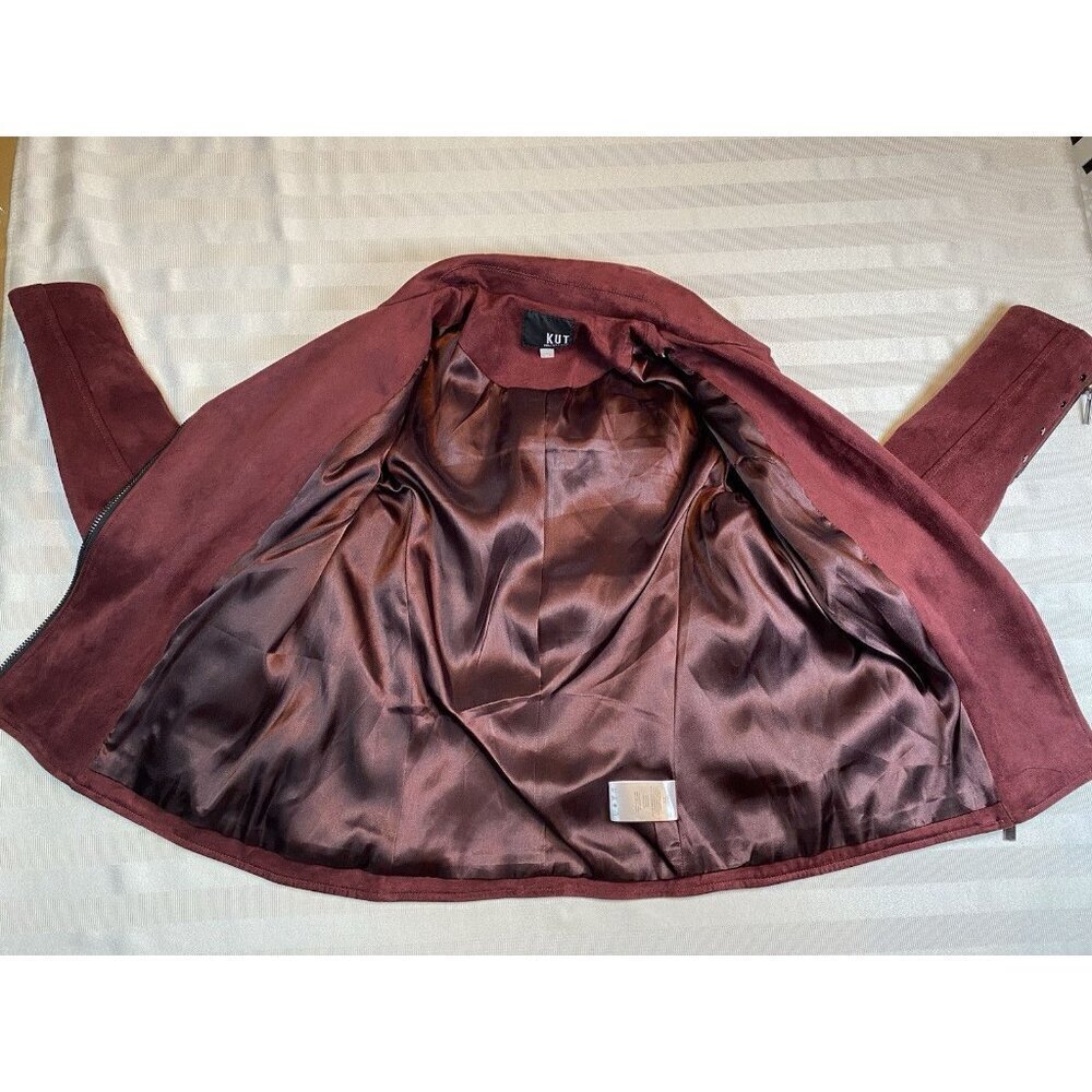 KUT From The Kloth Moto Jacket Womens Sz XS Burgundy Faux Suede Asymmetrical Zip - Picture 4 of 14